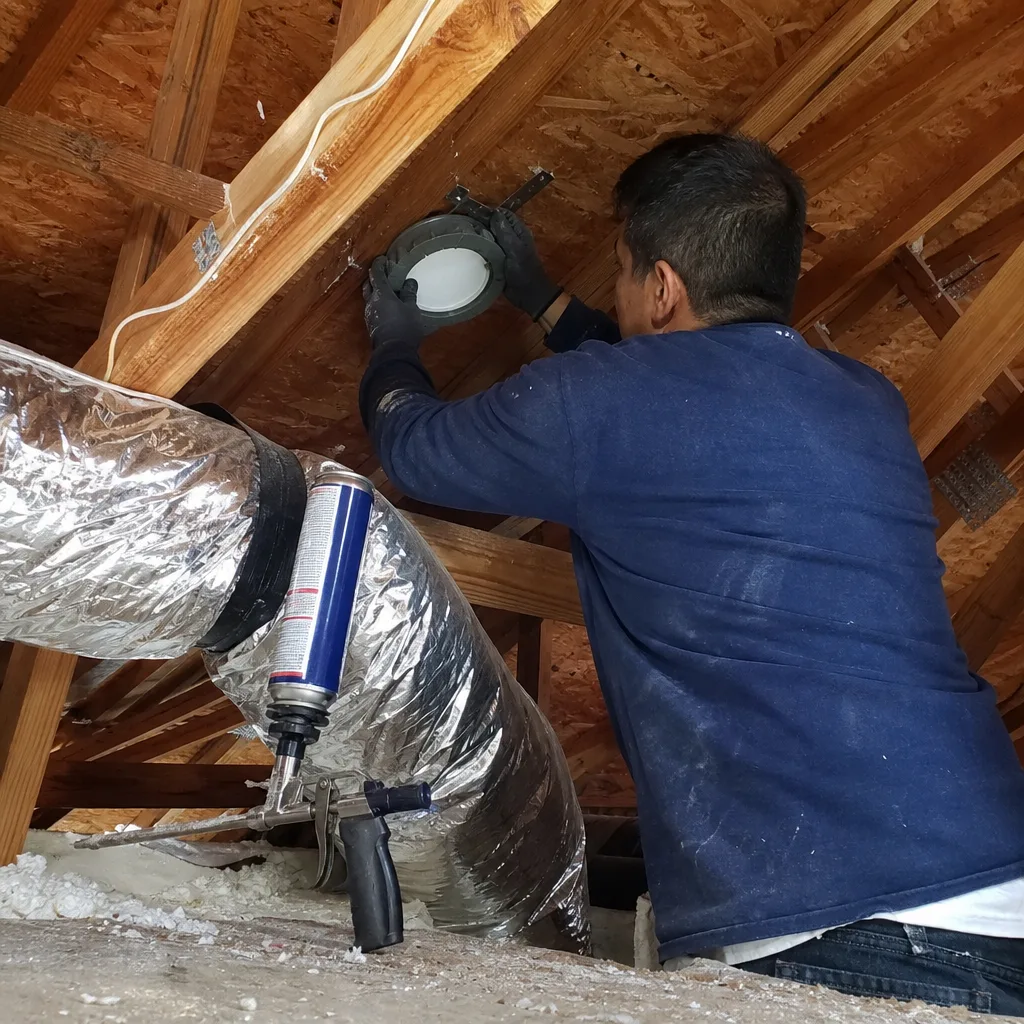Technician performing professional attic air sealing around a recessed light fixture nationwide