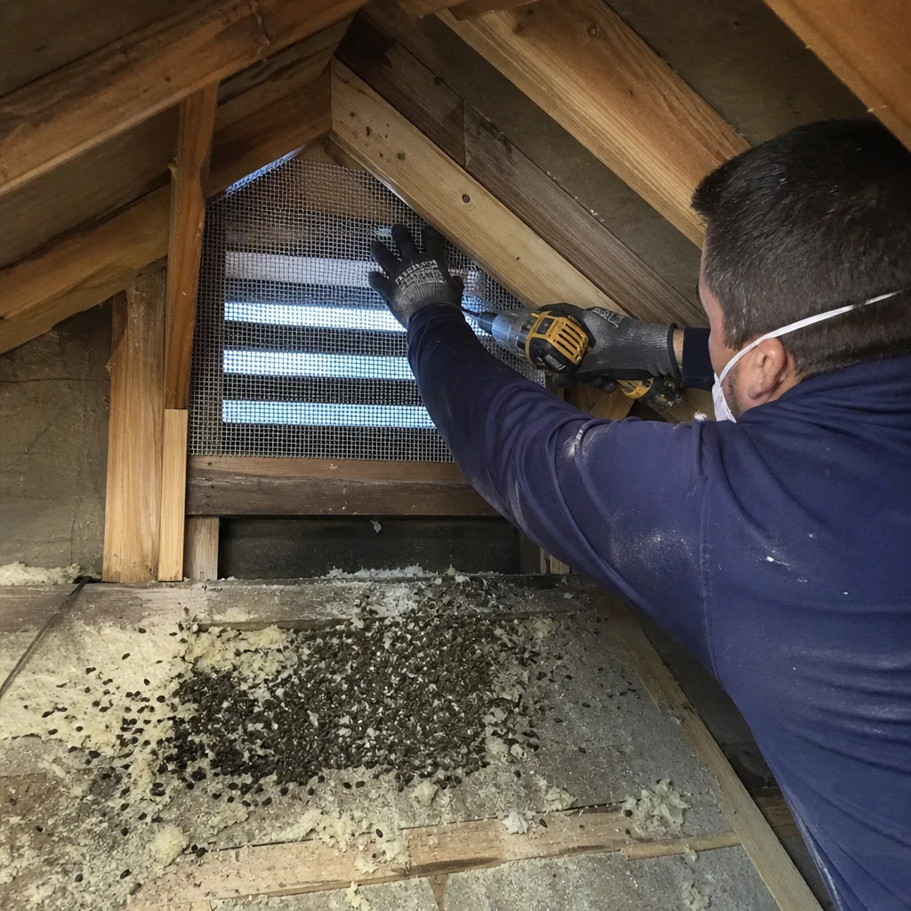 Technician performing attic rodent proofing and vent exclusion work. nationwide