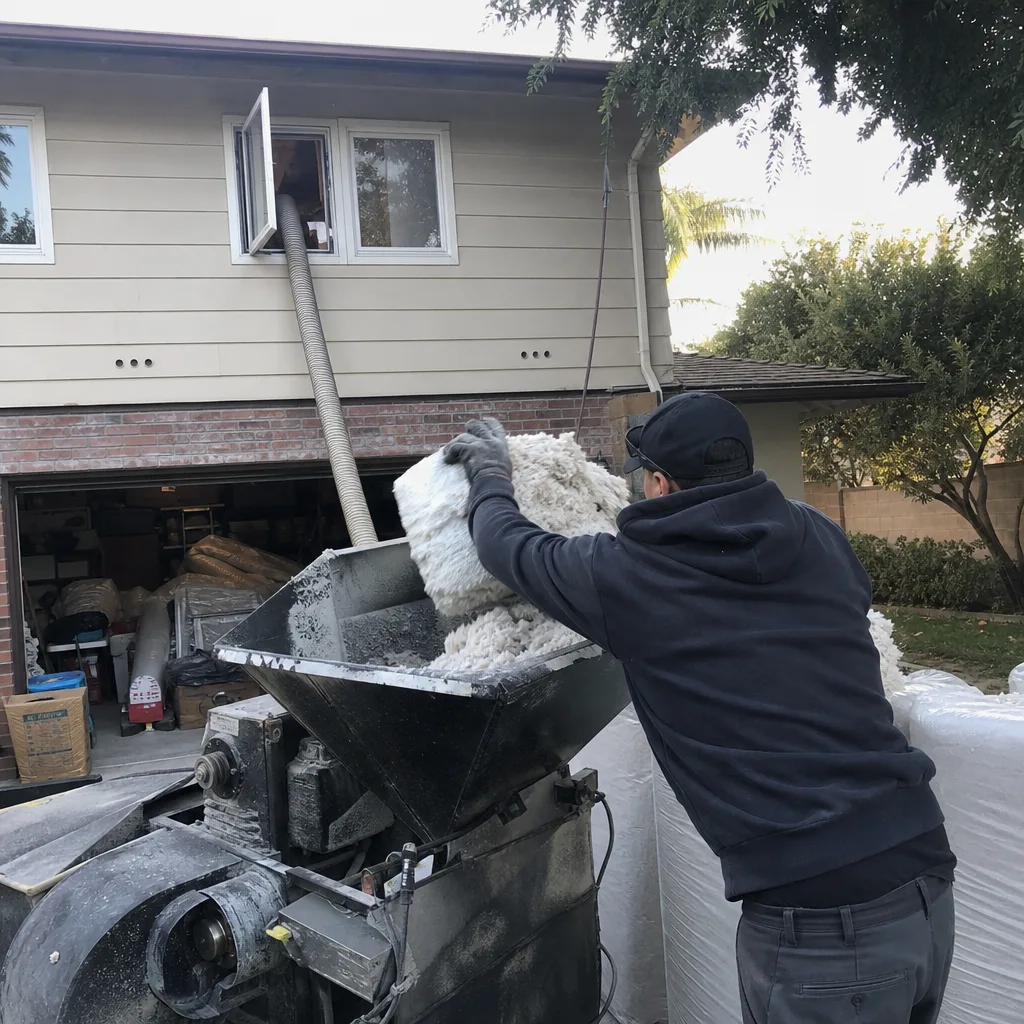 Technician using professional machine for residential blown-in attic insulation installation