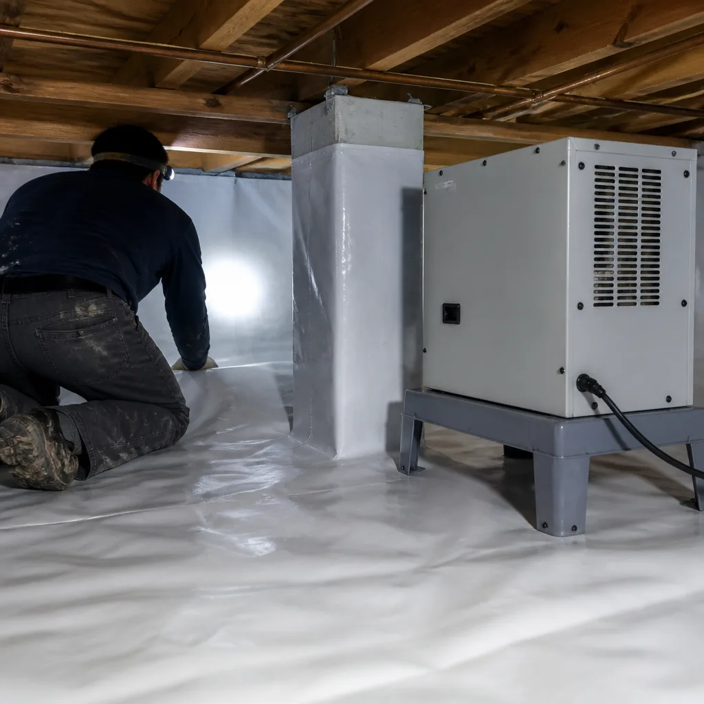 Technician performing professional crawl space encapsulation and vapor barrier installation. nationwide