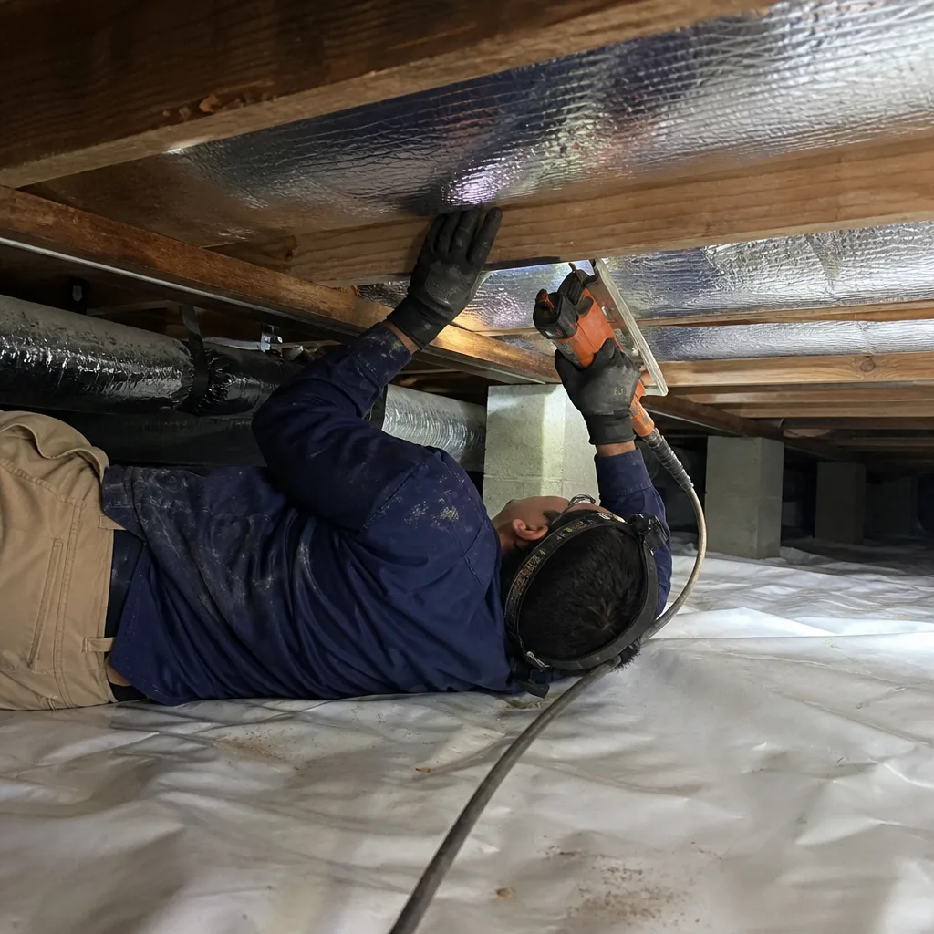 Technician performing professional crawl space encapsulation and vapor barrier installation in Westminster, CA