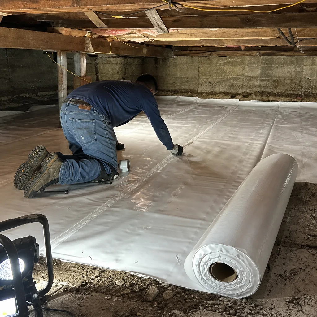 Contractor installing crawl space vapor barrier for moisture control and insulation nationwide