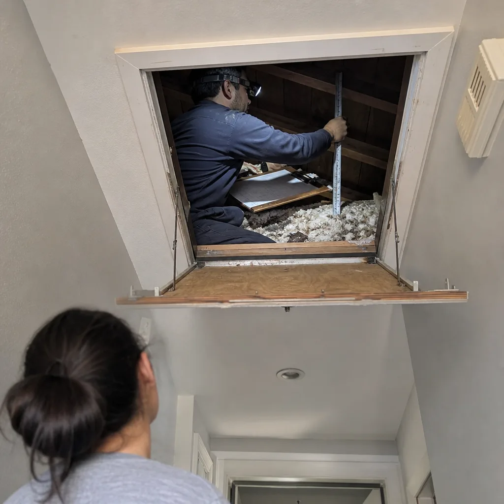 Professional performing a comprehensive home energy audit by measuring attic insulation nationwide