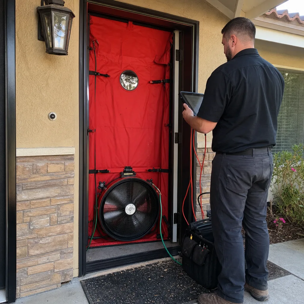 Technician performing a residential blower door air leakage test nationwide