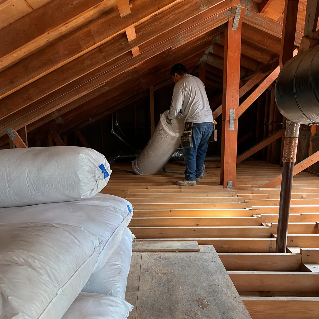 Contractor installing insulation rolls in an unfinished attic crawl space. nationwide