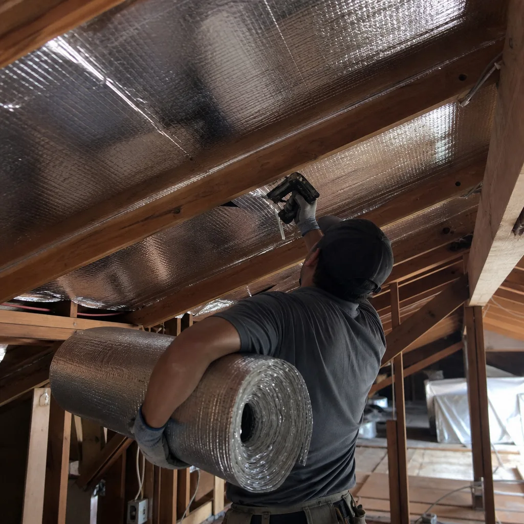 Contractor installing radiant barrier insulation on attic rafters. nationwide
