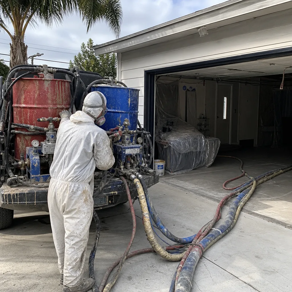 Technician in protective suit operating professional spray foam insulation equipment