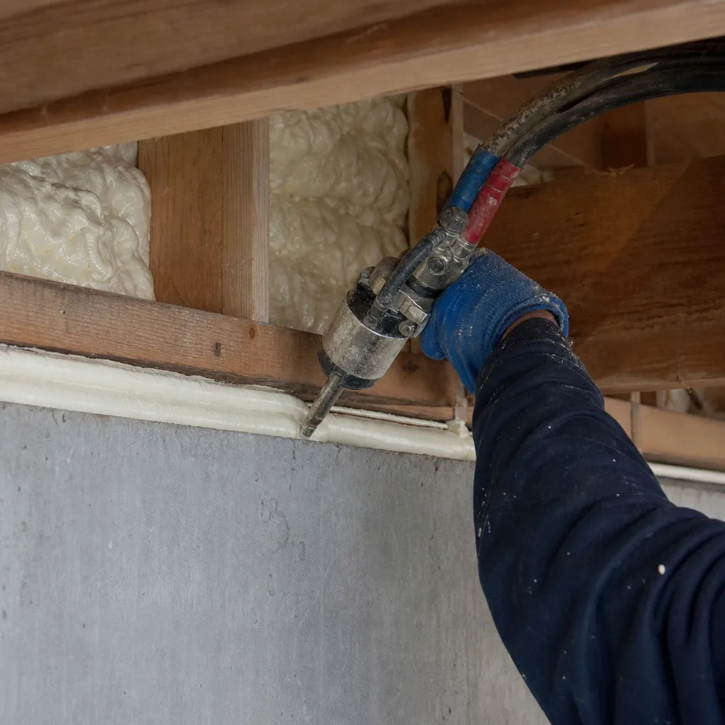 Professional applying spray foam insulation to a wooden and concrete wall seam