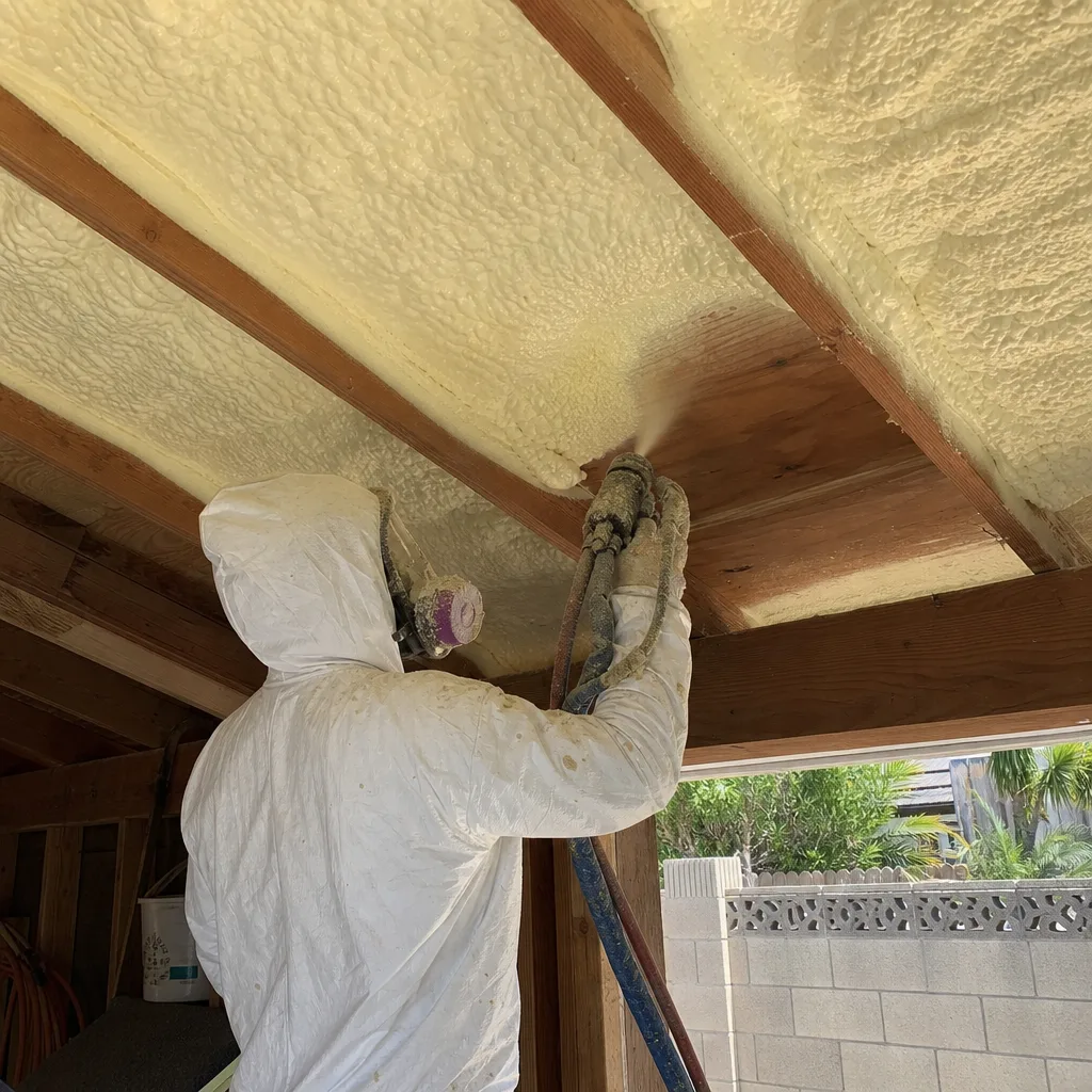 Contractor applying spray foam insulation to a wooden ceiling