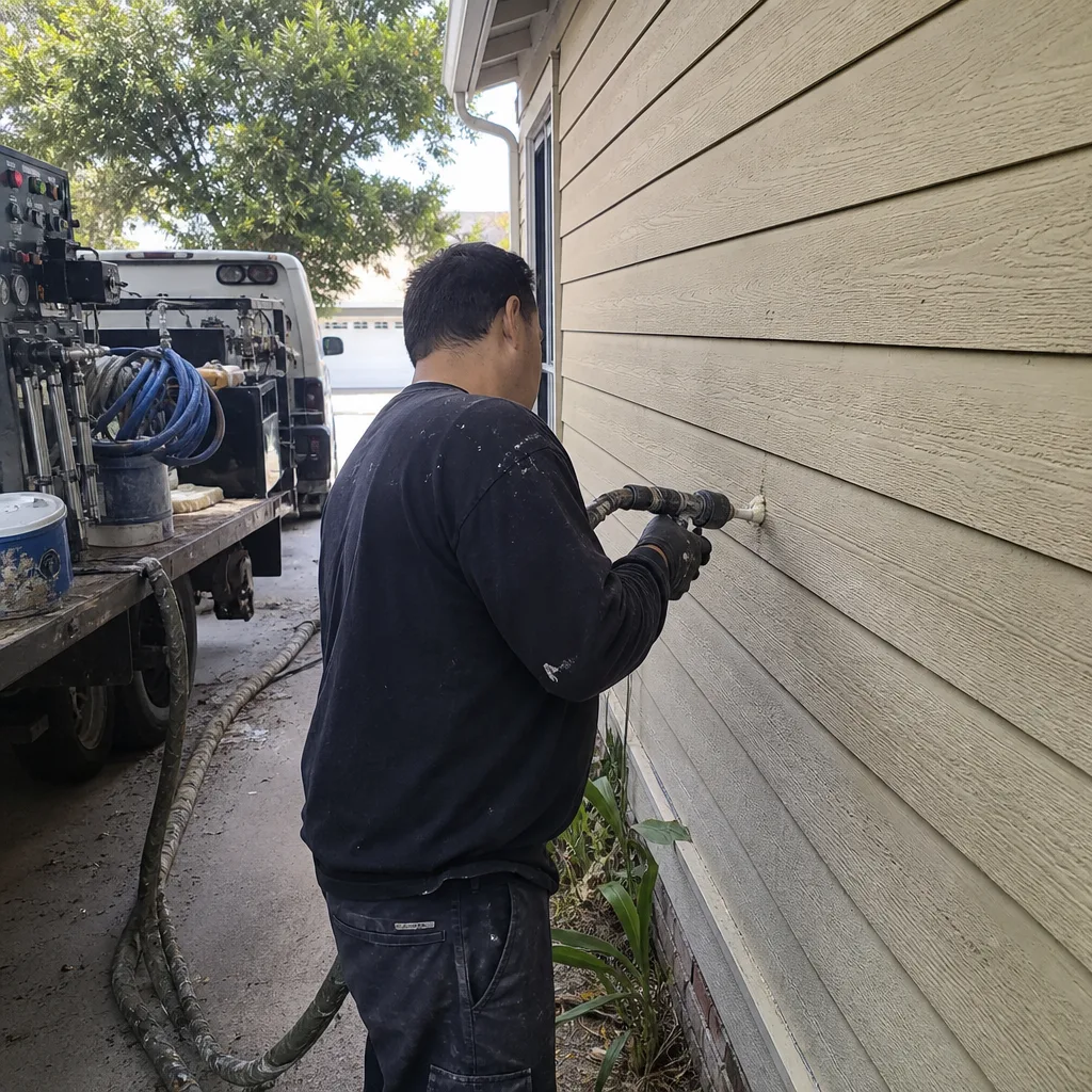 Technician injecting professional wall insulation spray foam into a residential building exterior nationwide